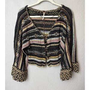 Free People Small Black Boho Lux Cardigan Sweater V-Neck W Wide Sleeves